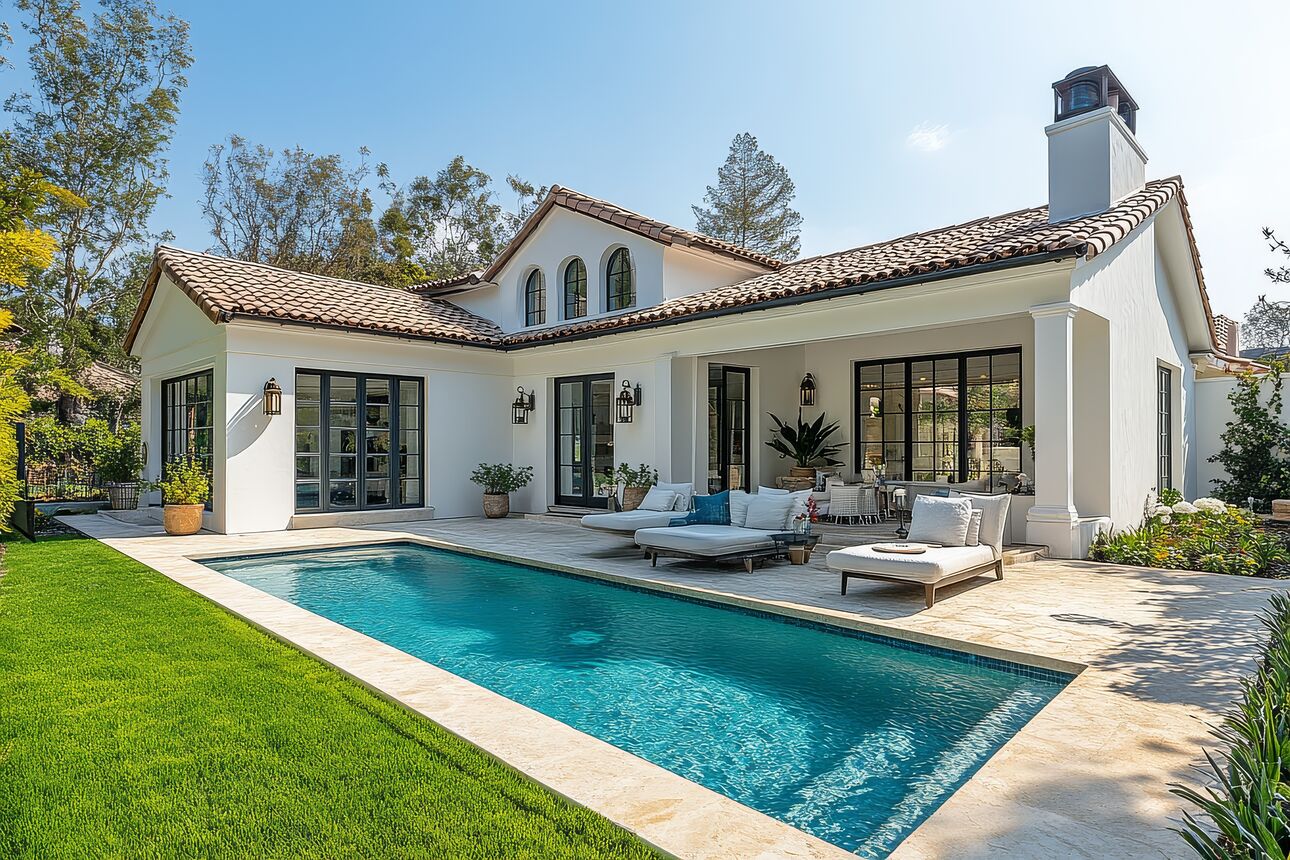 Luxury San Diego County home with pool, patio, and manicured lawn